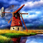 Traditional windmill near water under dramatic cloudy sky