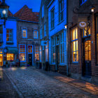 Vintage city street scene with classic cars, illuminated lamps, and cloaked figure.