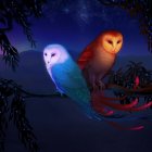 Mystical owl with glowing eyes and star-like feathers among blue flowers and twinkling lights