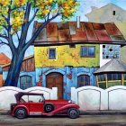 Vibrant painting of quaint house, vintage car, picket fence, and yellow tree