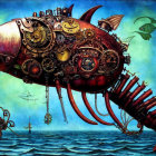 Steampunk-style fish submarine with intricate gears and marine elements