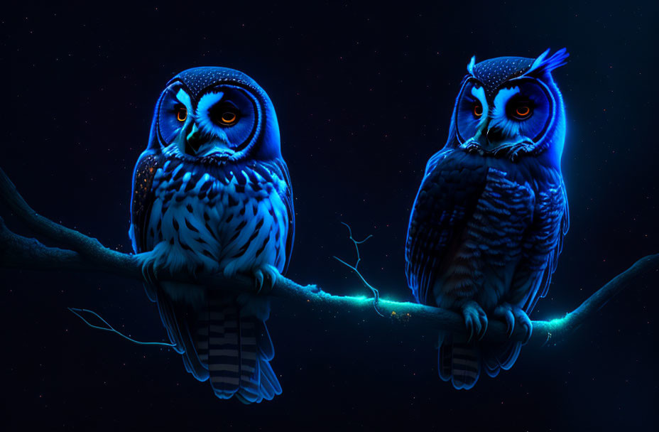 Two illuminated owls on branch against dark blue night sky