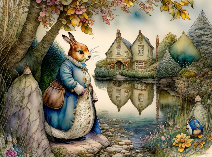 Anthropomorphic fox in vintage attire by tranquil pond with quaint house and lush surroundings.