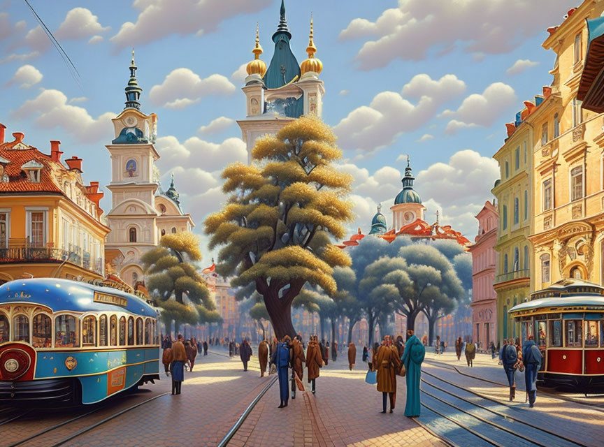 Busy urban street with vintage trams, ornate buildings, and pedestrians under clear sky