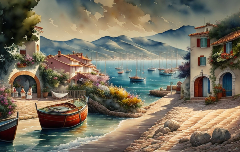 Scenic seaside village with cobblestone paths, blooming flowers, and calm waters