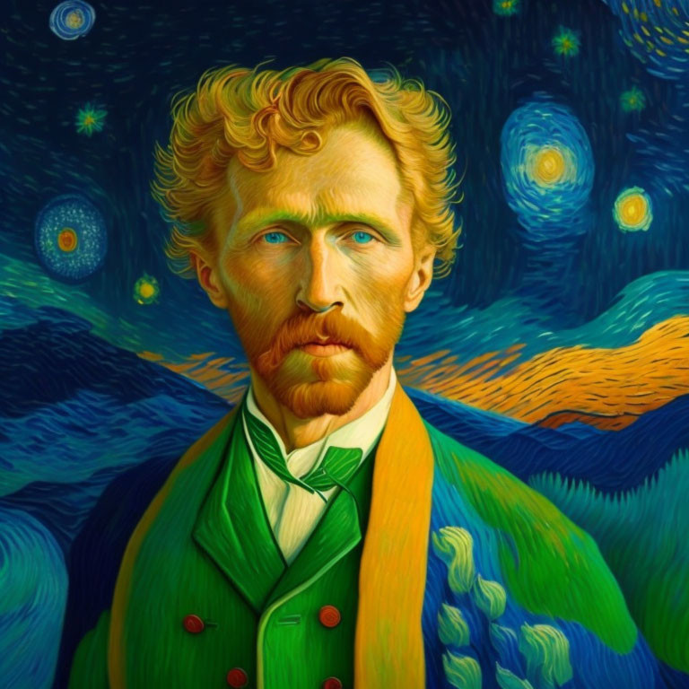 Red-haired man portrait in Van Gogh-inspired animated style