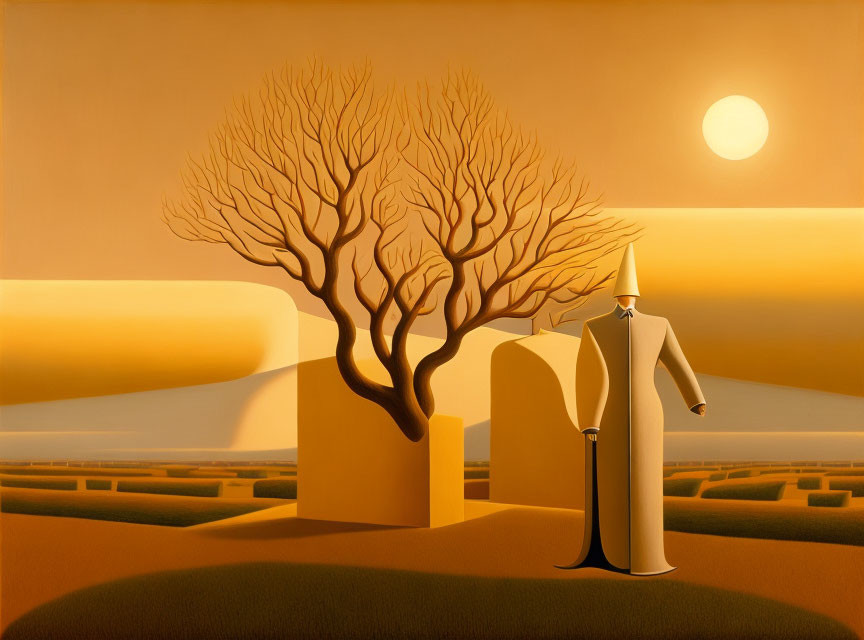 Surreal landscape with tree, figure, hills, and sun in orange sky