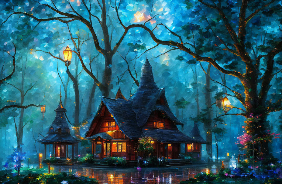 Twilight woodland cottage with glowing windows and lanterns