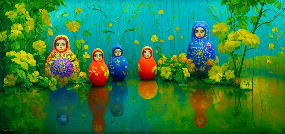 Colorful Matryoshka Dolls Displayed Against Floral Backdrop