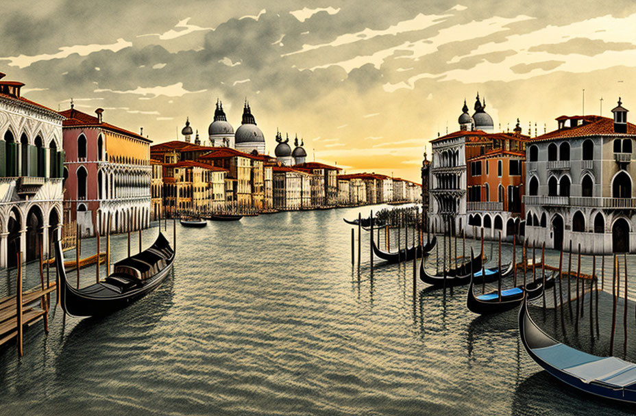 Historic Venetian architecture and Basilica domes at sunset along Grand Canal