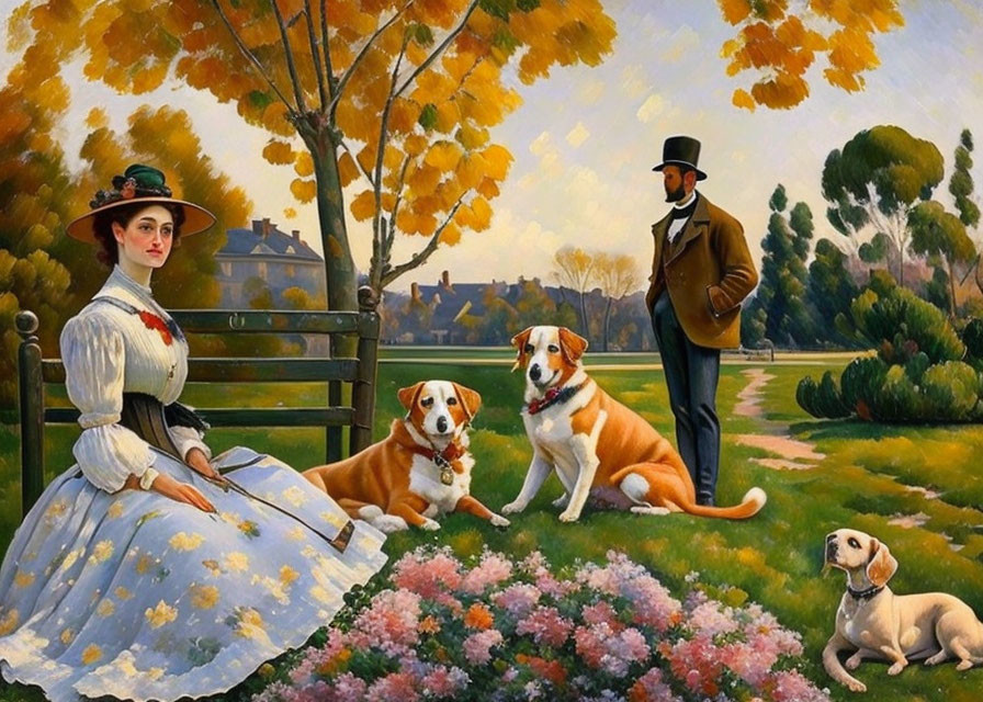 Victorian-era woman with dogs and gentleman in autumn setting