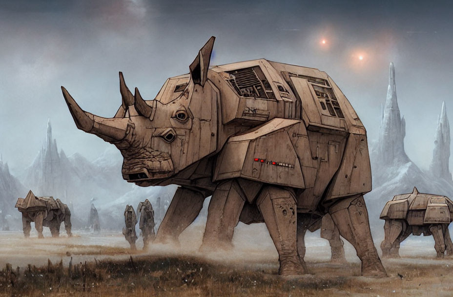 Illustration of armored rhinoceros vehicles and soldiers in mountainous landscape