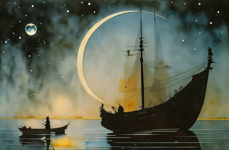 Surreal painting of large sailboat on calm sea with crescent moon