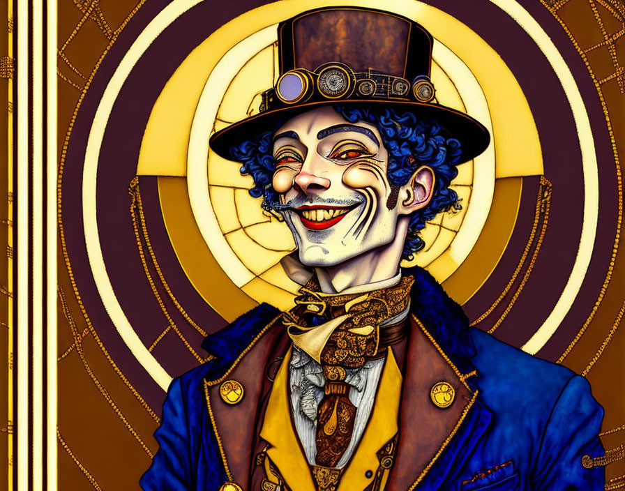 Smiling person with top hat and blue hair in Victorian attire on golden art deco backdrop