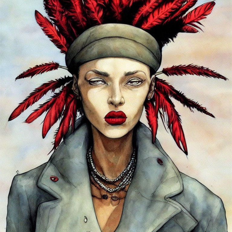 Illustrated portrait of person in beret with red feathers, trench coat, chain necklaces