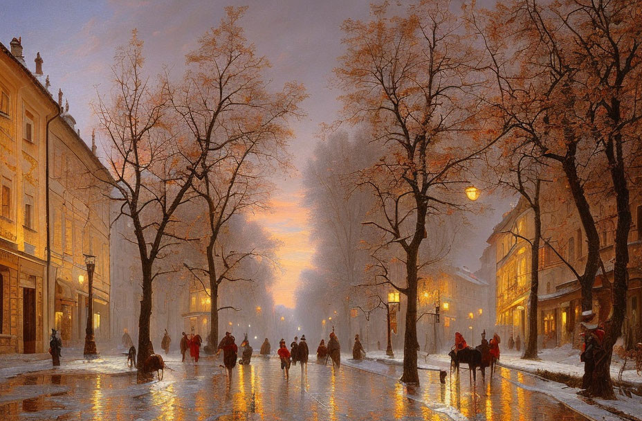 Snow-covered street with glowing lamps and bare trees in golden sky