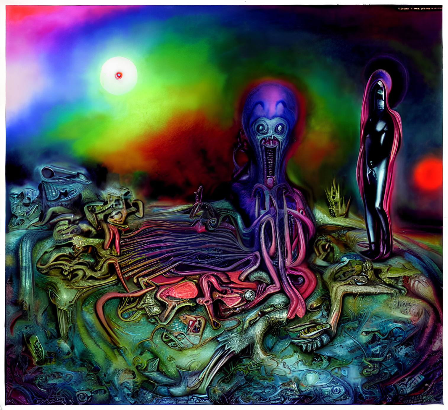Vibrant surreal artwork: humanoid figure with tentacles in dreamlike landscape