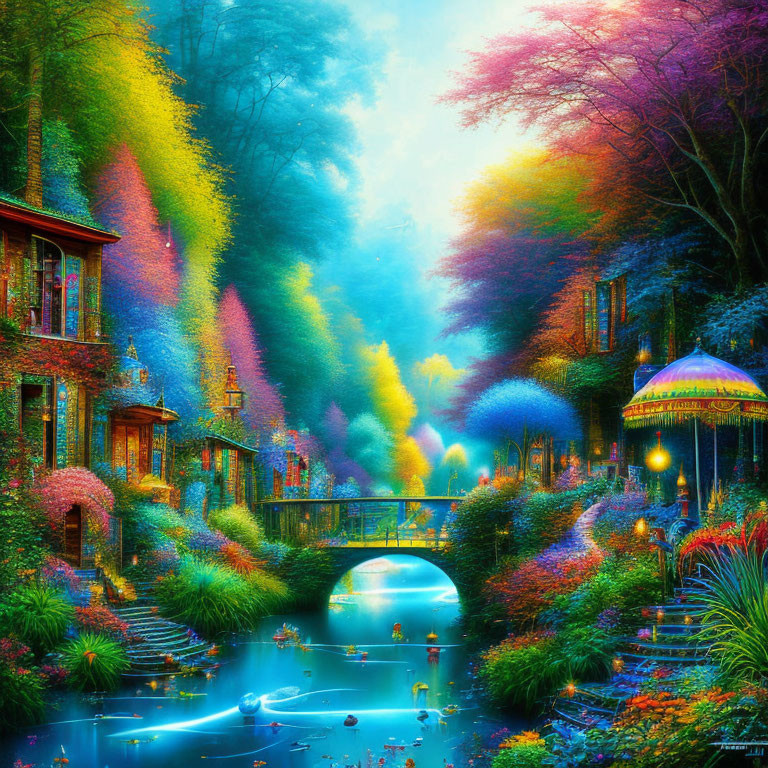 Fantasy landscape with colorful river, whimsical foliage, and quaint bridge