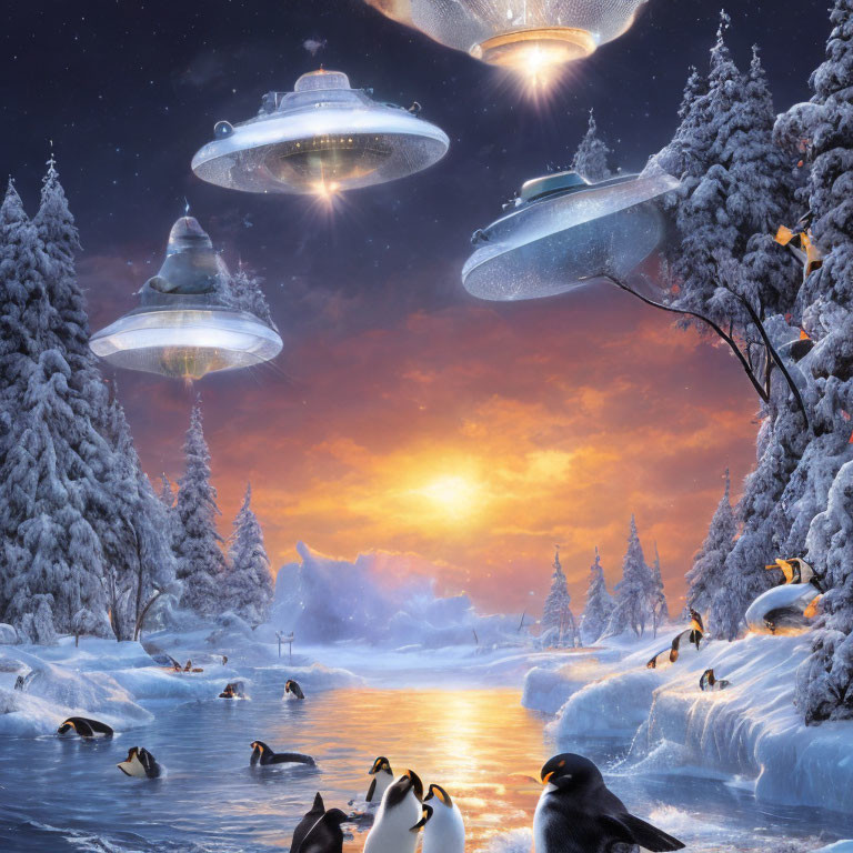 Snowy Dusk Scene: Penguins, Frozen Lake, UFOs & Light Beams