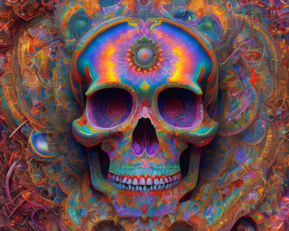 Colorful Psychedelic Skull Artwork with Blues, Purples, and Oranges
