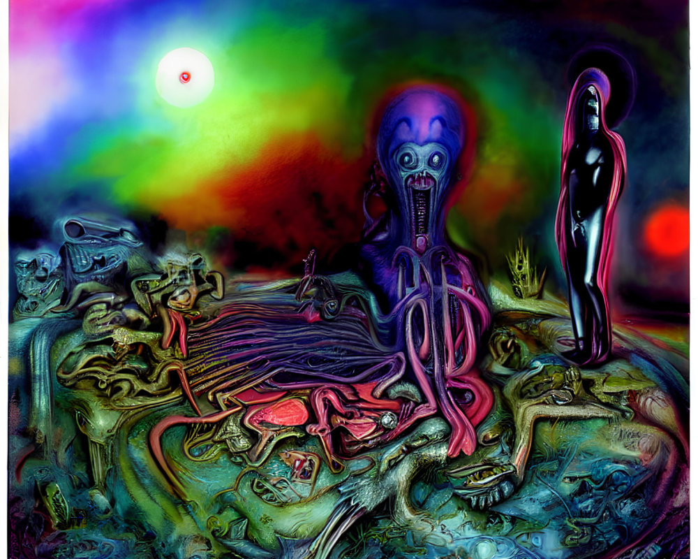 Vibrant surreal artwork: humanoid figure with tentacles in dreamlike landscape