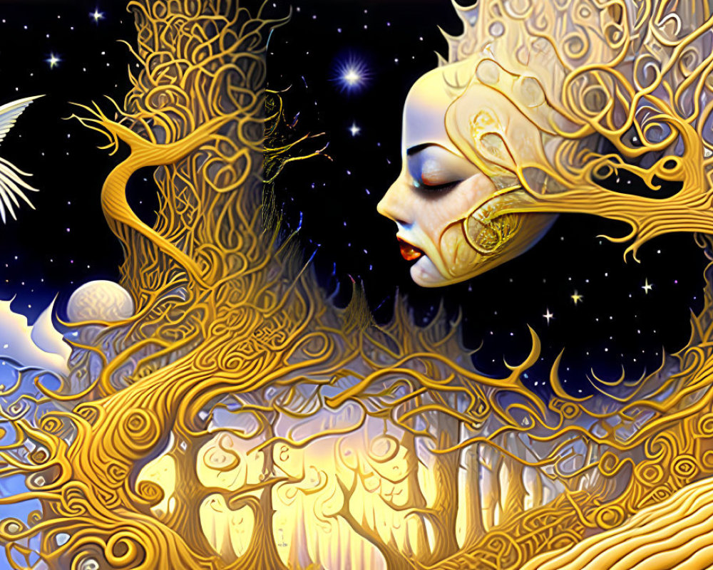 Surreal cosmic illustration with intricate golden patterns and celestial elements