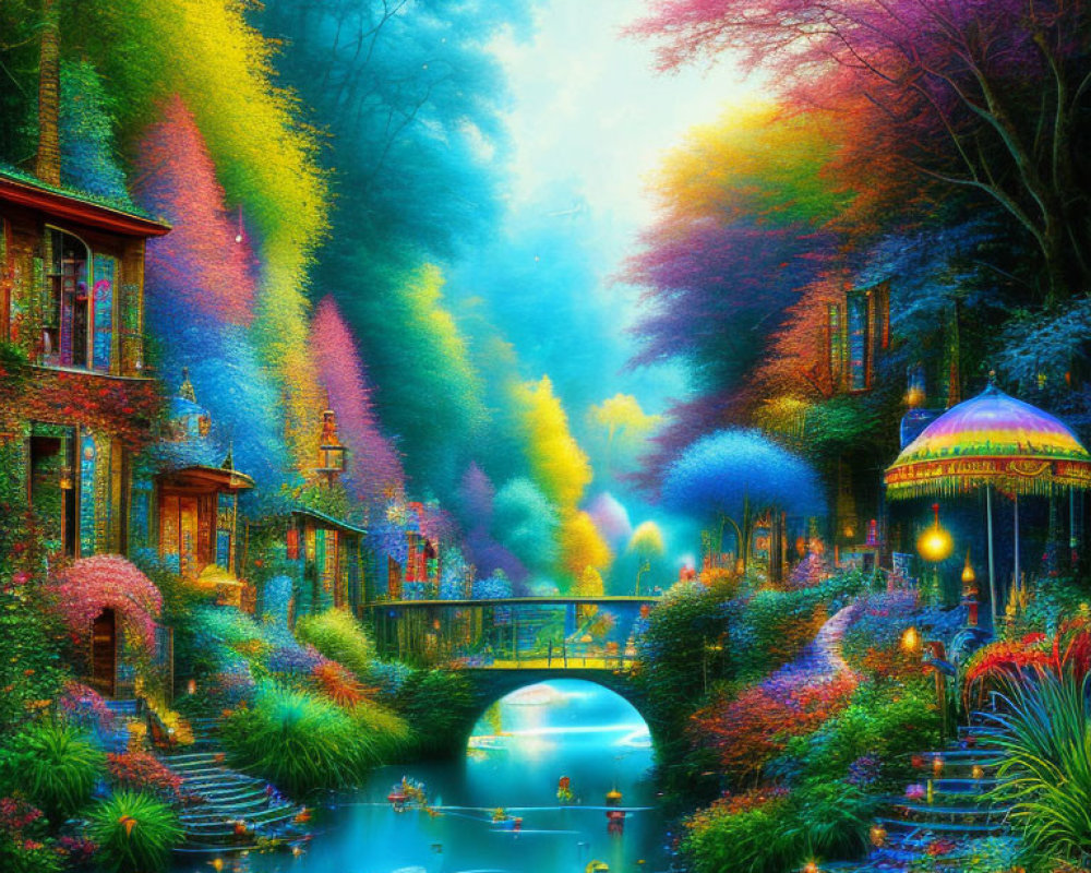 Fantasy landscape with colorful river, whimsical foliage, and quaint bridge