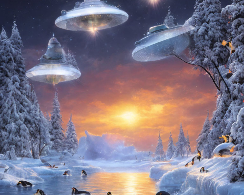 Snowy Dusk Scene: Penguins, Frozen Lake, UFOs & Light Beams