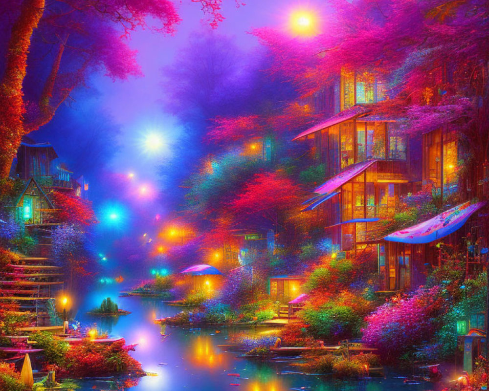 Colorful fantasy landscape with multistory treehouses and tranquil river at twilight