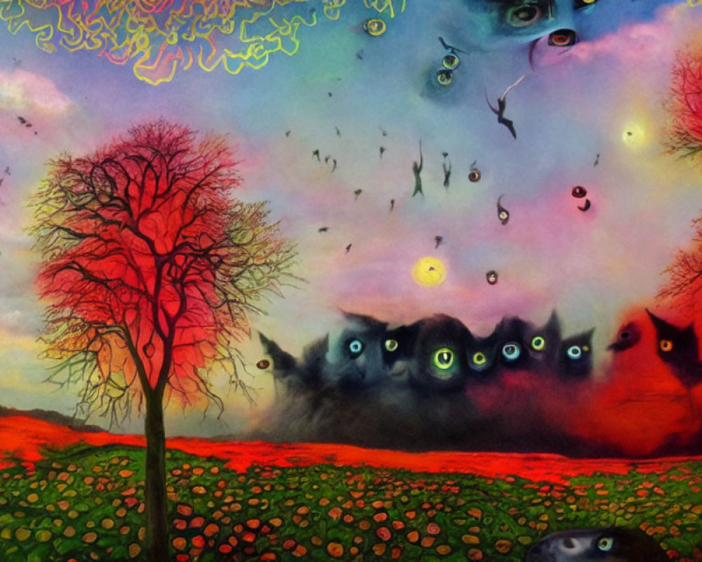 Vibrant red tree in surreal landscape with phantom-like creatures and floating eyes