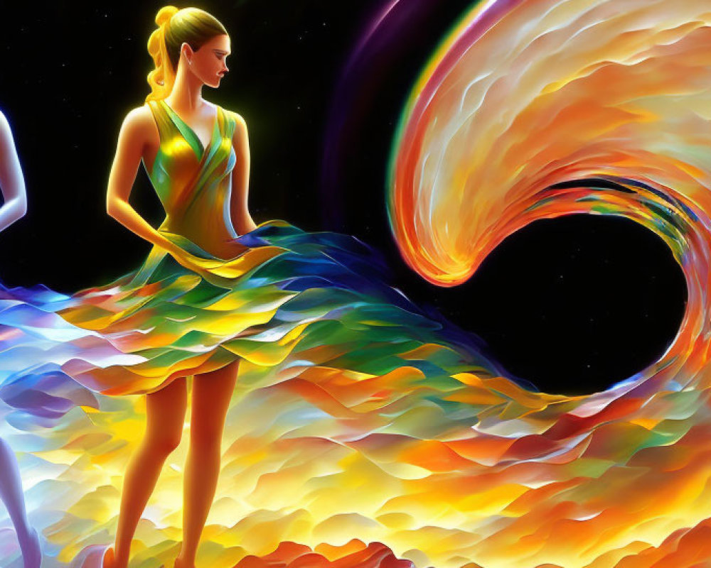 Stylized women in flowing dresses against cosmic backdrop
