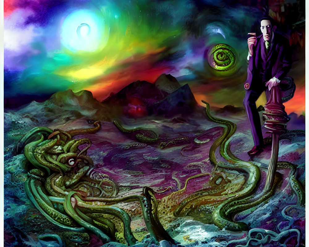 Man with tentacle legs in surreal cosmic landscape