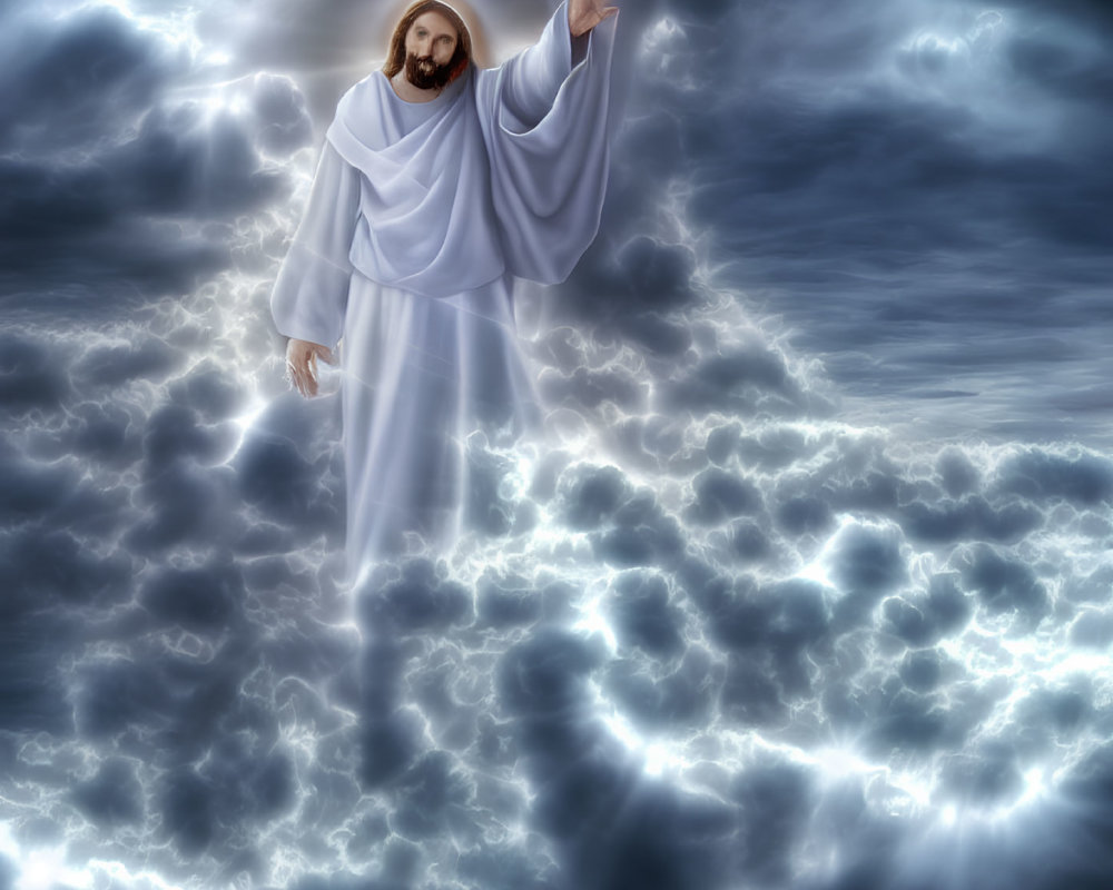 Glowing figure resembling Jesus Christ in dramatic sky scene