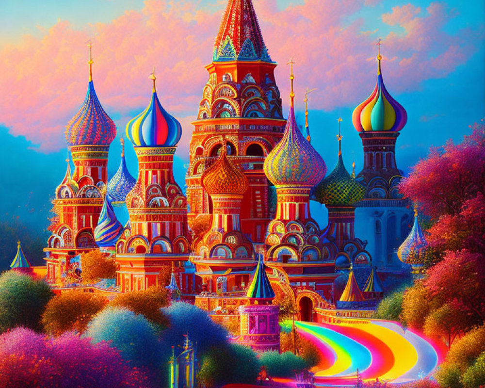 Colorful Saint Basil's Cathedral in Moscow with rainbow pathways and fantastical foliage under dreamlike sky