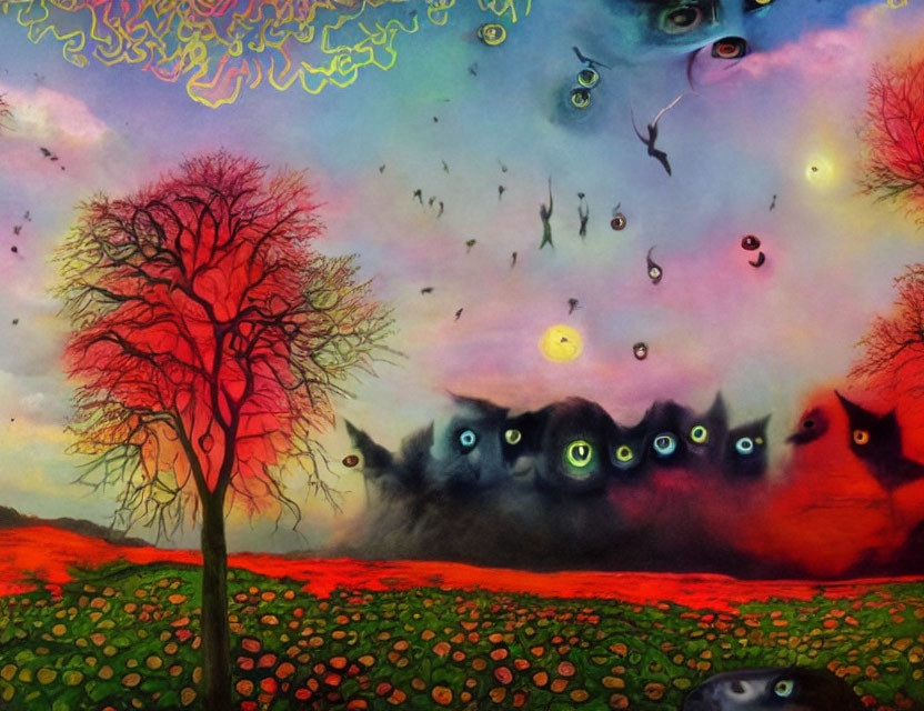 Vibrant red tree in surreal landscape with phantom-like creatures and floating eyes