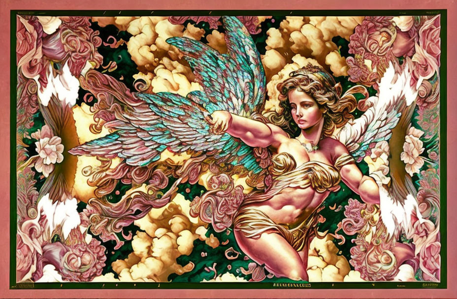 Illustrated angel with large wings in baroque-style setting with gold, pink, and green tones