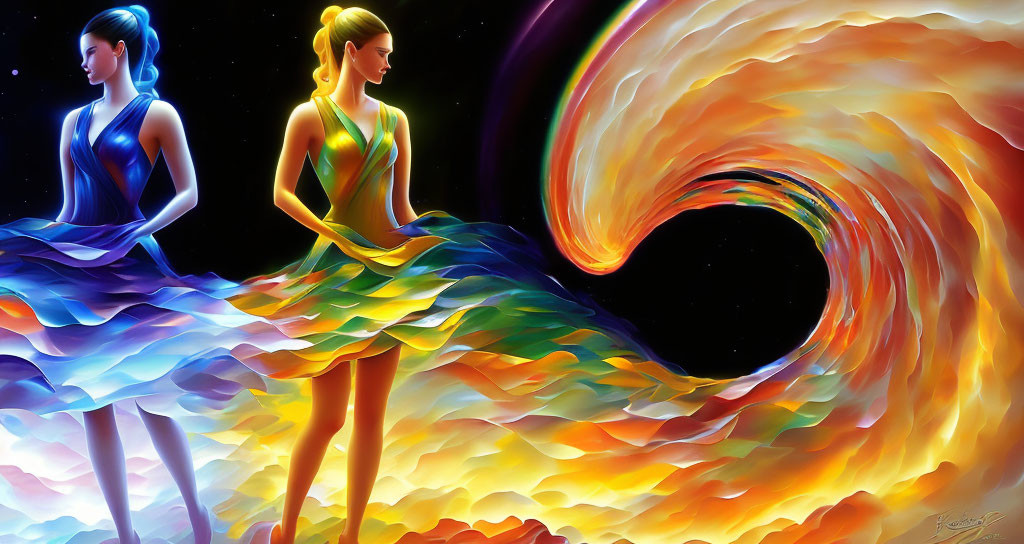 Stylized women in flowing dresses against cosmic backdrop