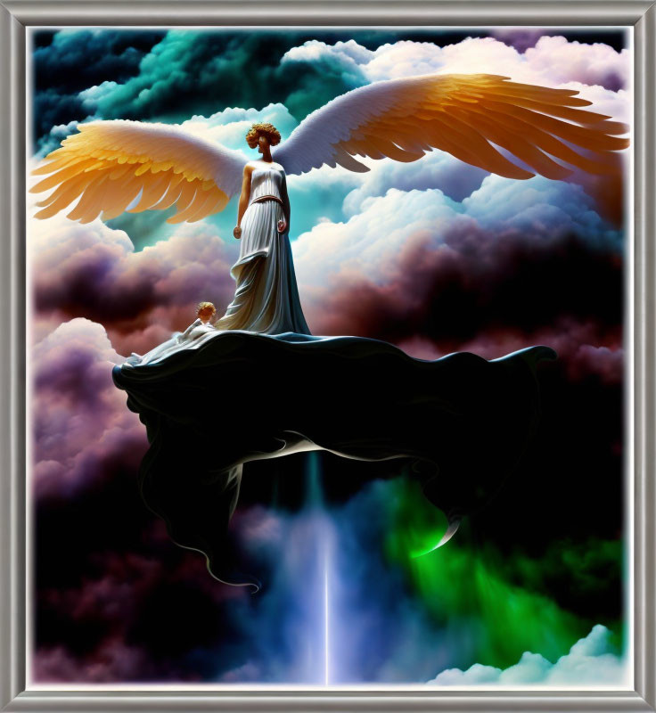 Majestic angelic figure with white wings in vibrant clouds