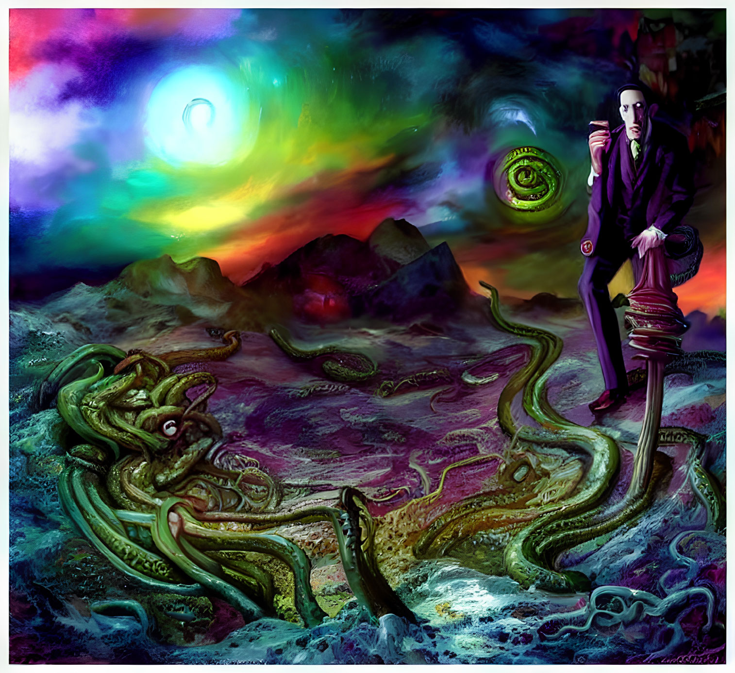 Man with tentacle legs in surreal cosmic landscape