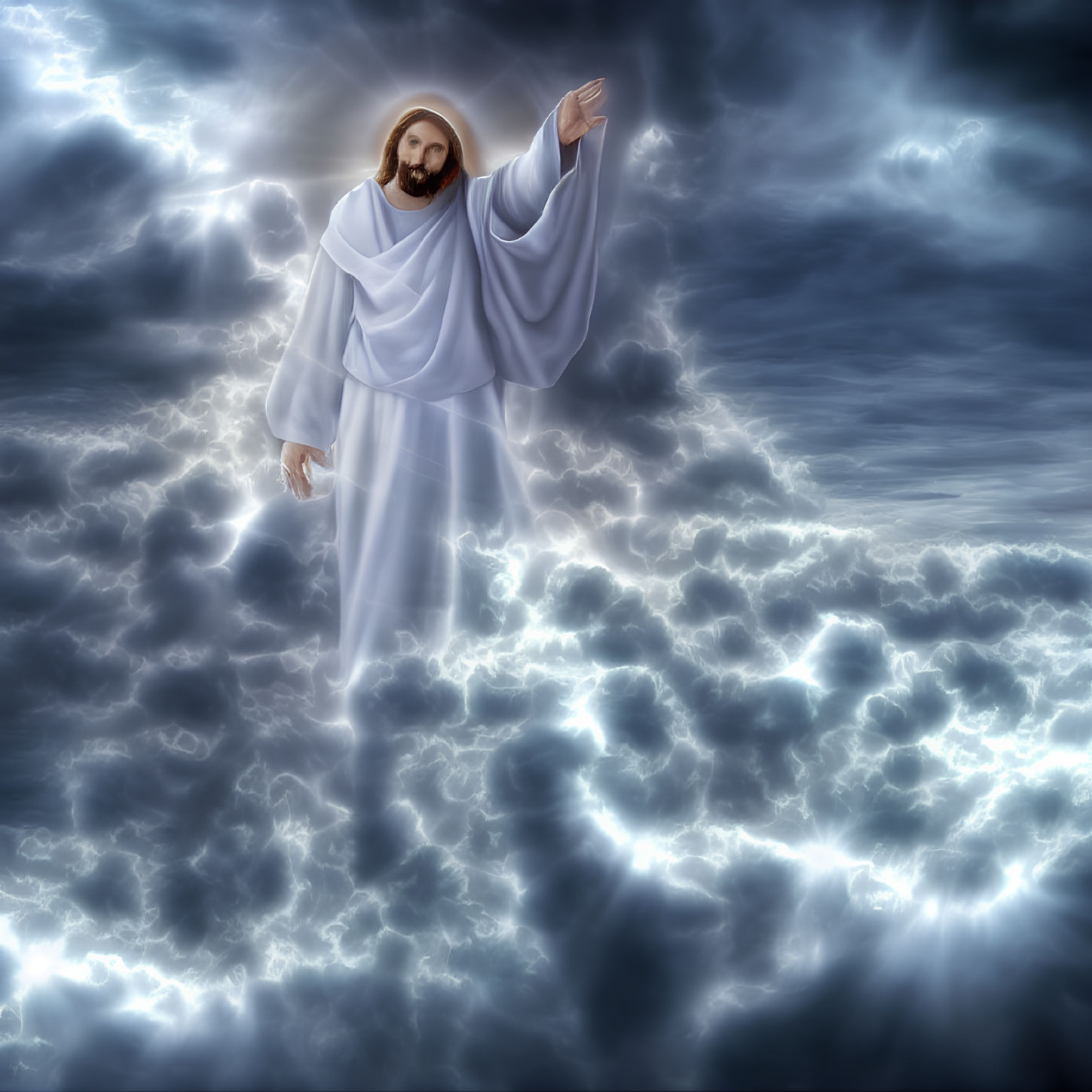 Glowing figure resembling Jesus Christ in dramatic sky scene