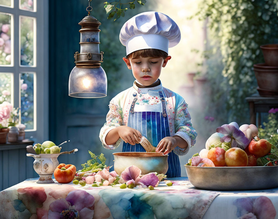 Child in Chef's Hat Whisking Bowl Surrounded by Fresh Produce and Lantern