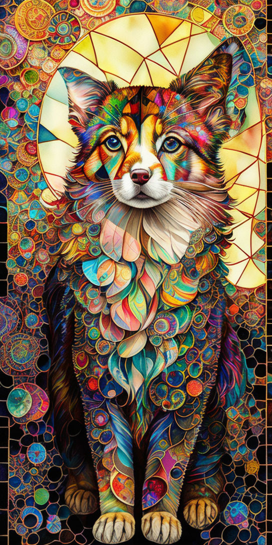 Colorful Psychedelic Dog Illustration with Geometric Background