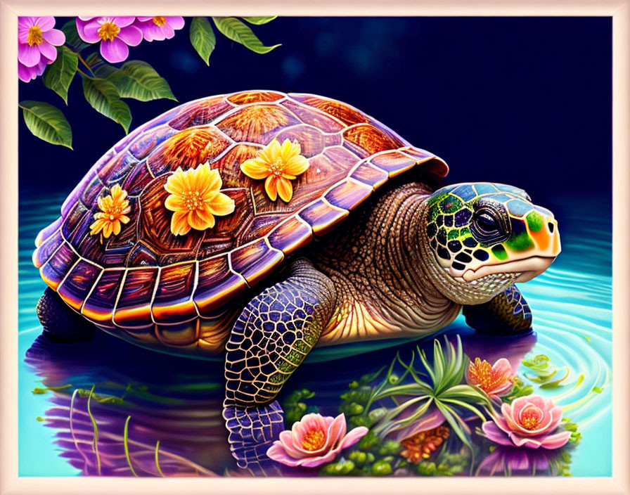 Colorful Sea Turtle Illustration with Flower-Decorated Shell and Nighttime Floral Background