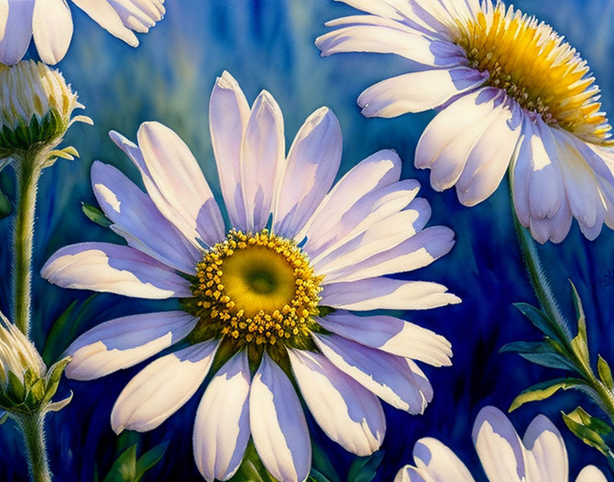 Detailed White and Yellow Daisies Painting on Blue Background