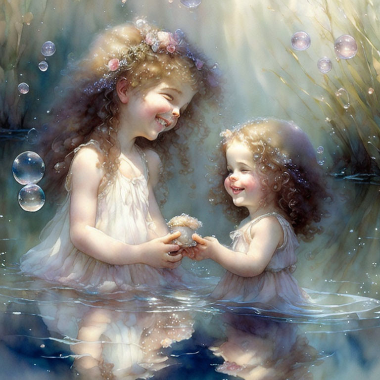 Two young girls with floral headbands in wispy dresses surrounded by bubbles in a dreamy setting.