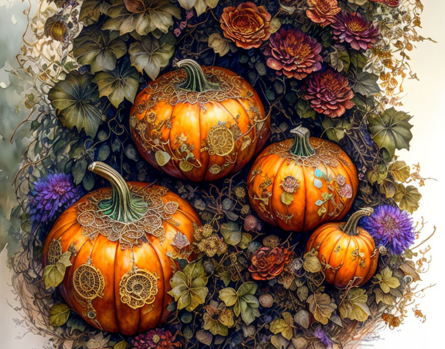 Ornate Pumpkins in Autumn Floral Arrangement