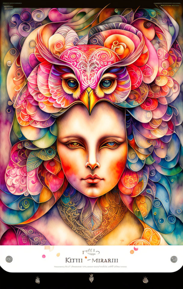 Vibrant face artwork with intricate patterns and feather-like details