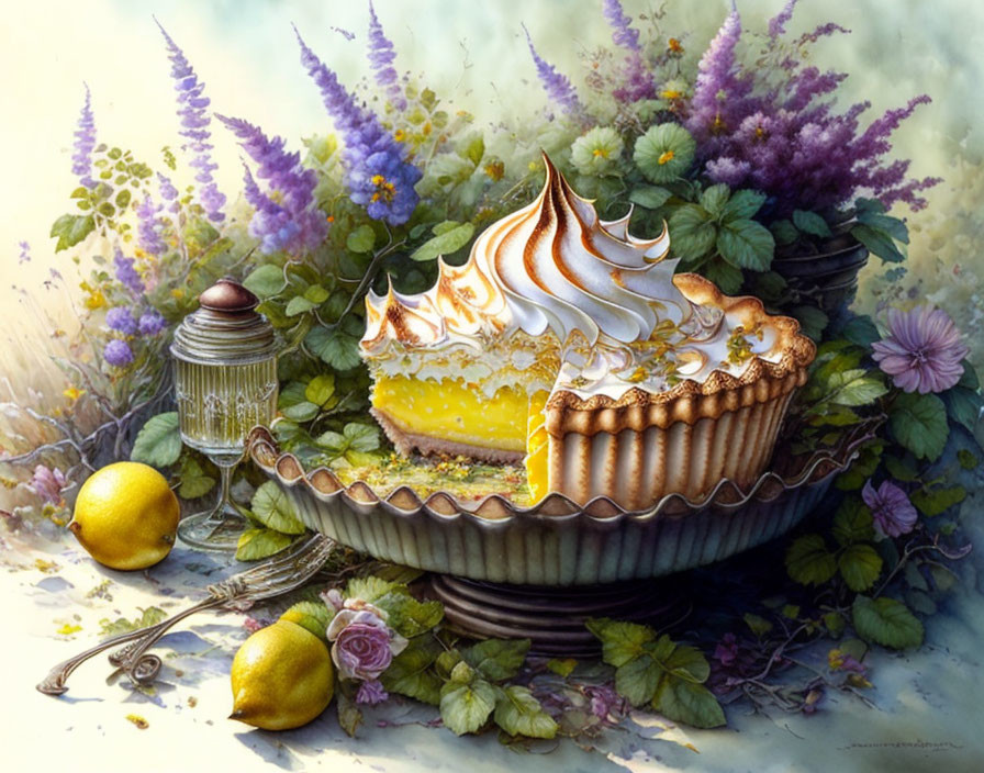 Colorful Lemon Meringue Pie Painting with Lemons and Flowers