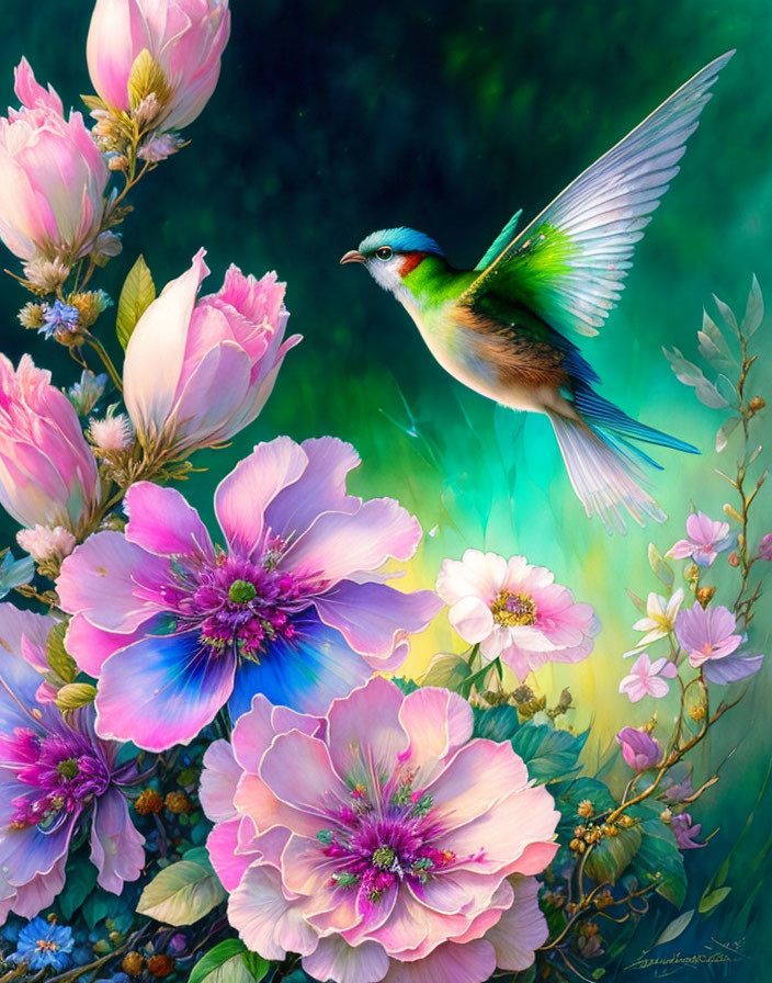 Colorful bird with green wings above pink flowers on teal background