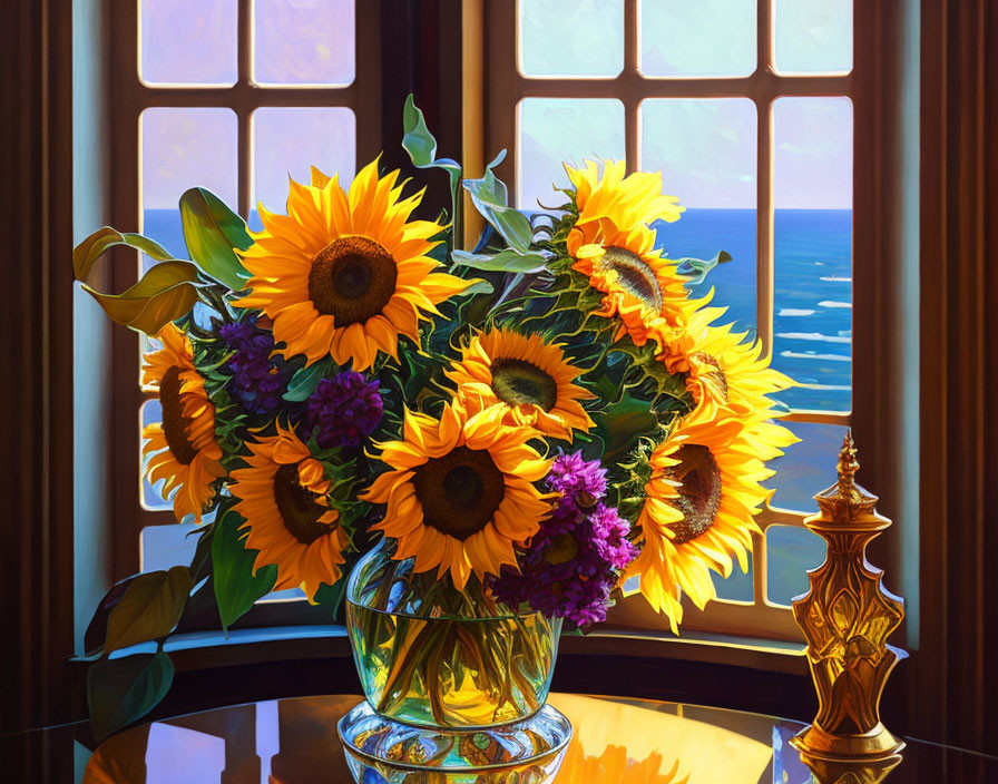 Colorful sunflowers and purple flowers in a vase on a windowsill with ocean view and sunlight.